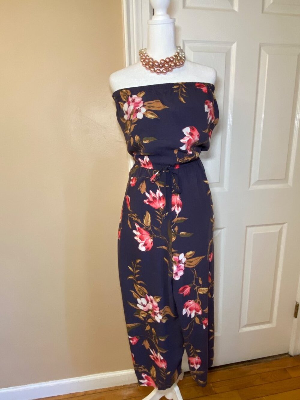 Poly Esther Navy Floral Strapless Wide-Leg Jumpsuit Size Large